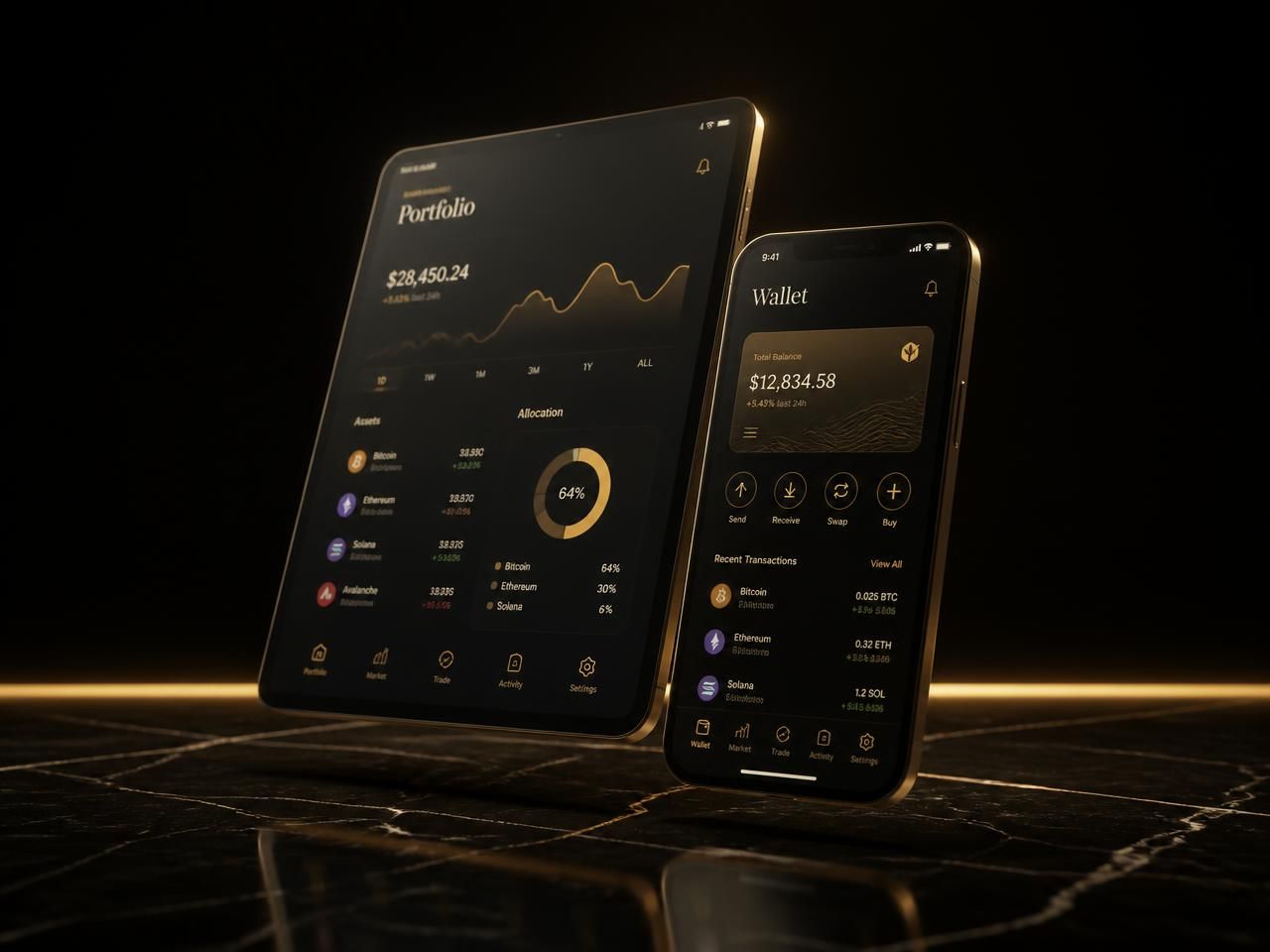 Black glass smartphone and tablet showing a gold minimal application interface