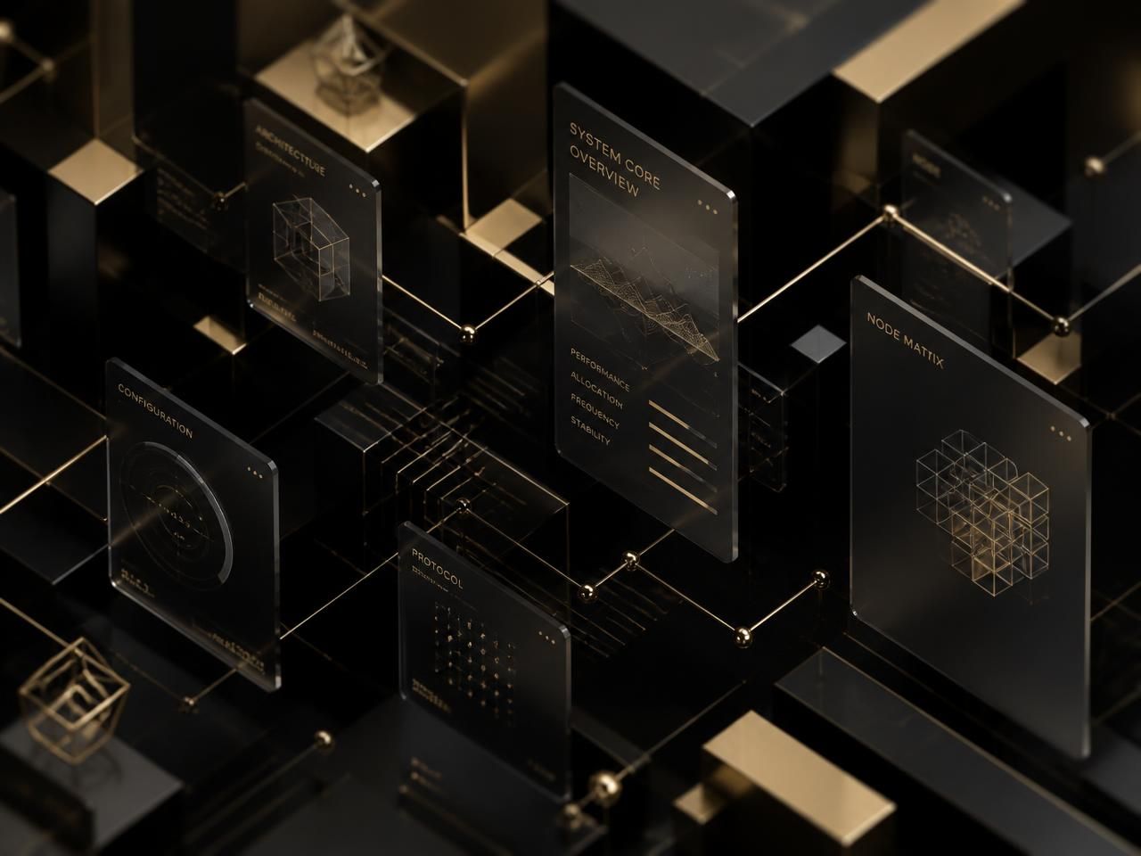 Three-dimensional gold wireframe design system of connected interface cards