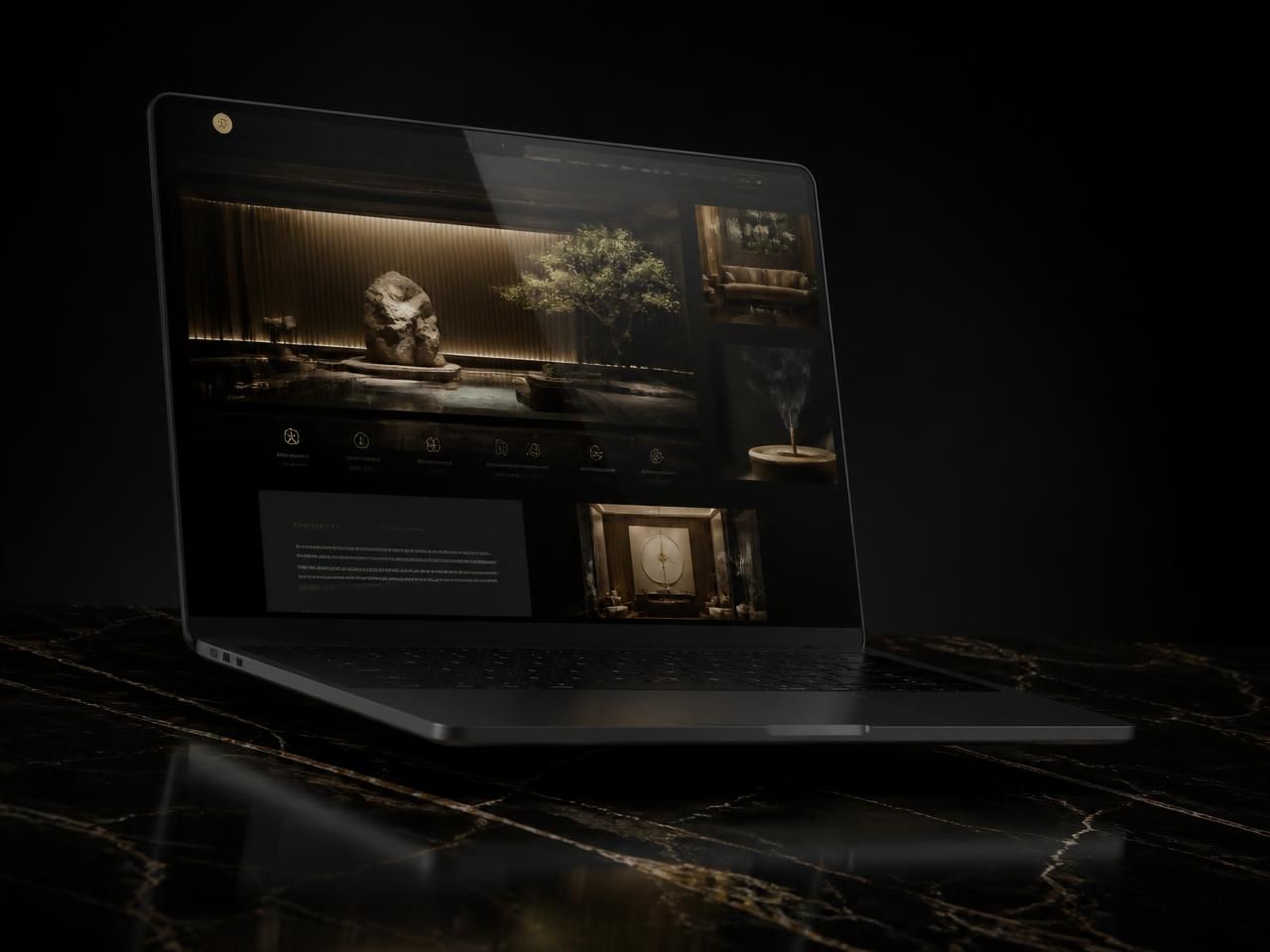 Premium dark luxury website design rendered on a laptop over black marble